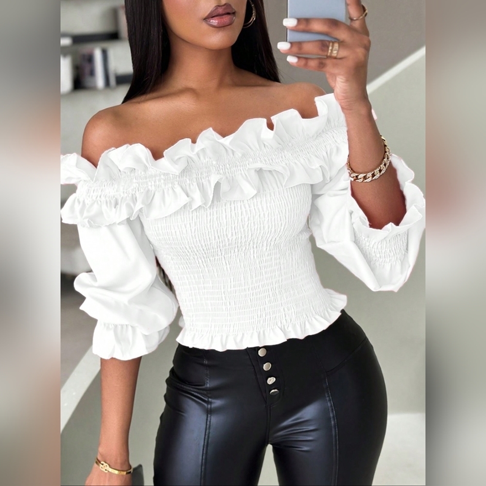Ladies' Off-Shoulder Long-Sleeved Blouse With Ruffle Hem - Picture 4 of 4